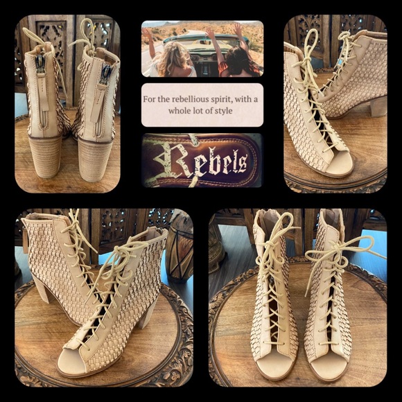 rebels Shoes - 🪶Brand New! Boho REBELS Lace-Up Tan Criss-Cross Weave Open-Toe Ankle Boots-7.5